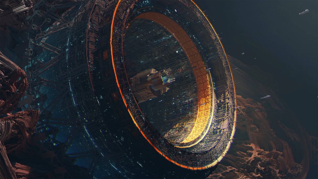 Futuristic asteroid base with amber lights and spacecraft floating in deep space sci-fi wallpaper