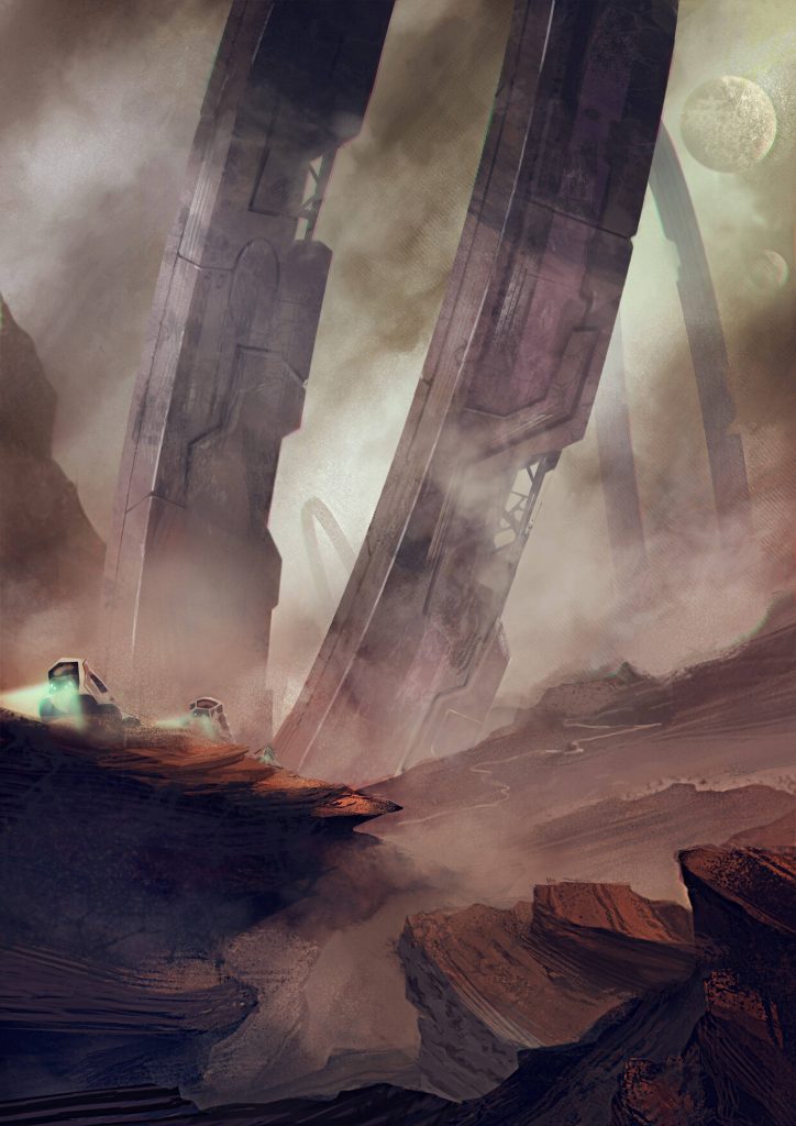 Futuristic sci-fi digital art with towering monoliths dusty alien landscape exploring rovers Wallpaper