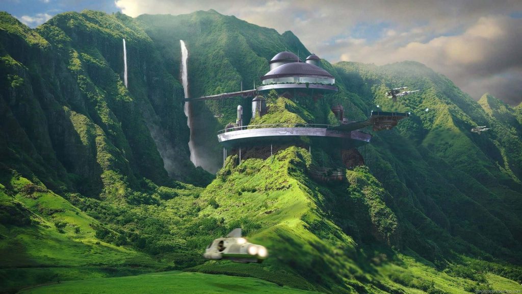 Futuristic sci-fi outpost on tropical mountain ridge with waterfalls and flying speeders wallpaper