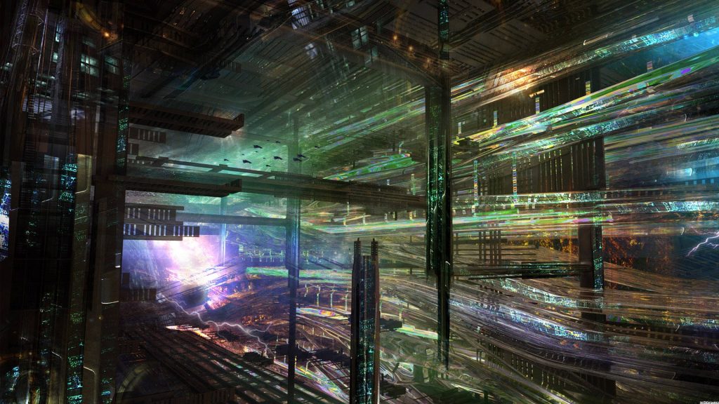 Futuristic sci-fi trainyard with metallic structures neon light trails and electric flashes digital art Wallpaper