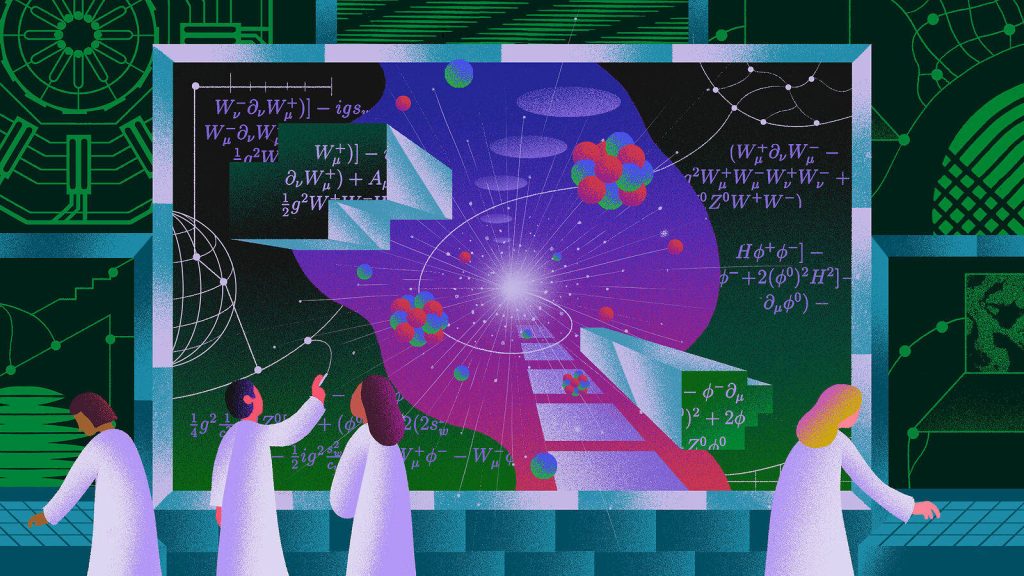 Three scientists study glowing theoretical physics equations and subatomic particles in vibrant purple green artwork Wallpaper
