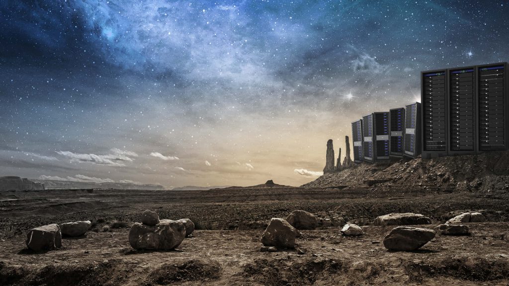 Futuristic server racks in desert under starry night sky unique tech wallpaper background