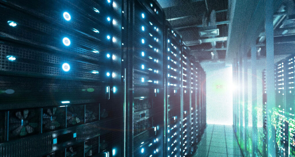 Futuristic Server Room Wallpaper: Advanced Tech with Blue Lights