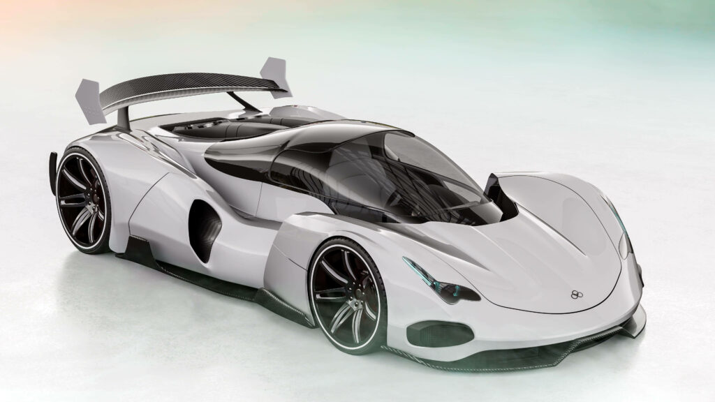 Futuristic silver 3D concept car with sleek aerodynamic curves and large black wheels on minimalist background Wallpaper