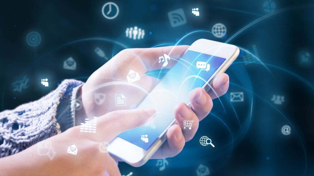 Futuristic Wallpaper: Smartphone Connectivity with Glowing Icons