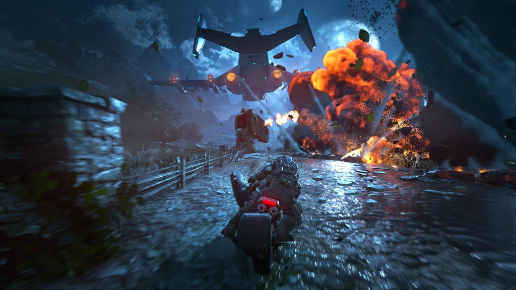 Cinematic PC gaming wallpaper soldier on motorcycle escapes explosion under futuristic VTOL aircraft