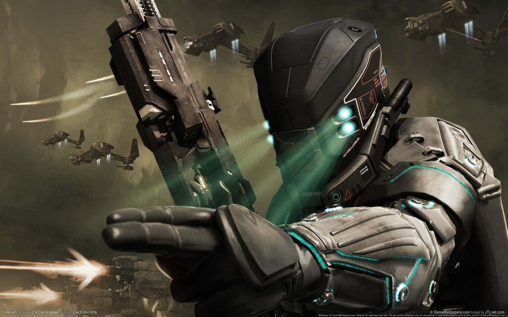 Futuristic Soldier Wallpaper: Epic 3D Battle with High-Tech Armor