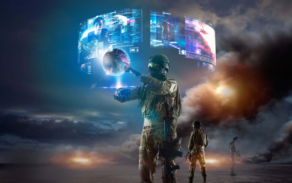 Futuristic Soldier in Augmented Reality - Dynamic Battlefield Wallpaper