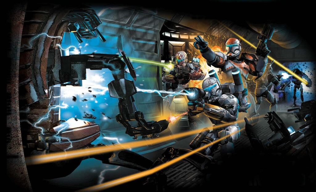 Futuristic soldiers in advanced armor battling inside high-tech facility with energy blasts and sparks Wallpaper
