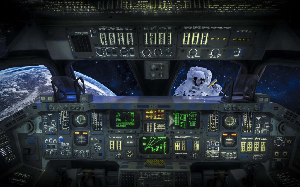 Space shuttle cockpit with glowing controls and astronaut floating outside Earth in starry space Wallpaper