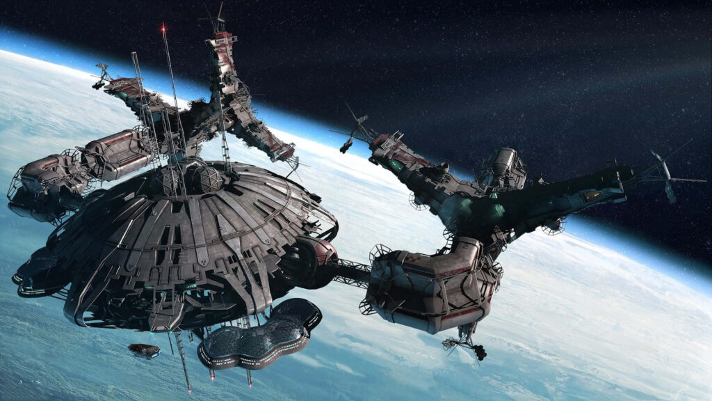 Futuristic Space Station Wallpaper: Intricate Designs Over Earth