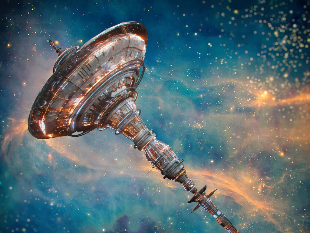 Futuristic Space Station Wallpaper: Vibrant Cosmic Nebula Background