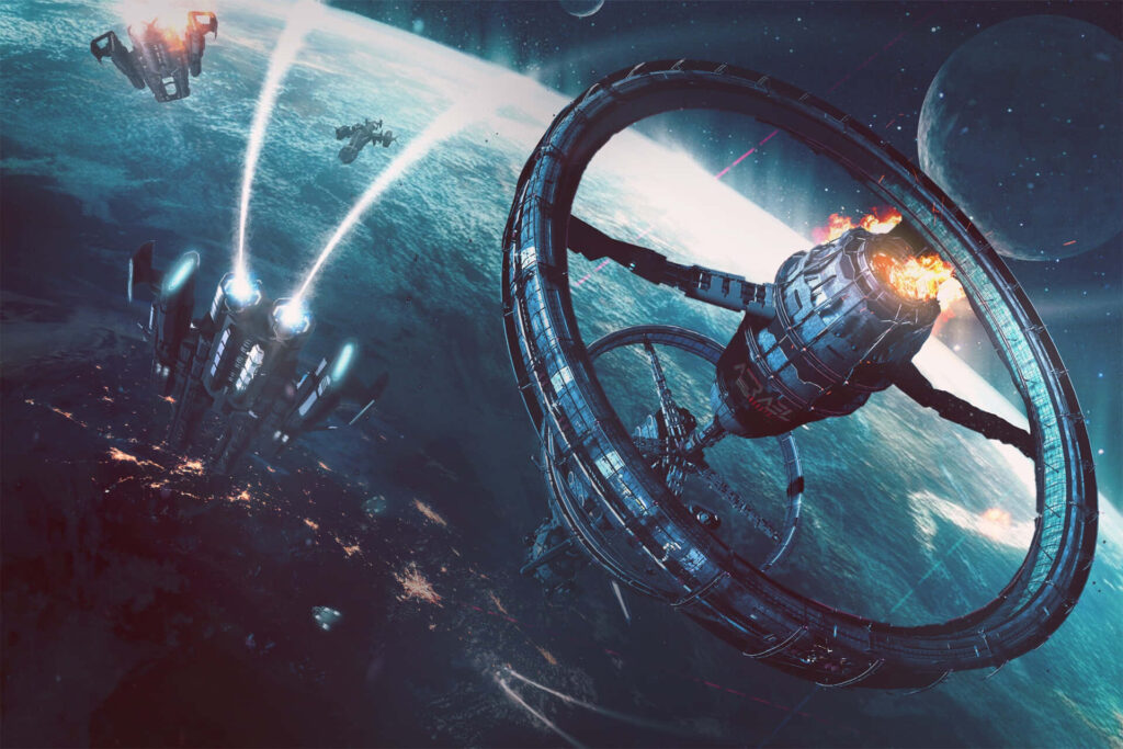 Futuristic Space Station Wallpaper: Cosmic Orbit & Glowing Detail