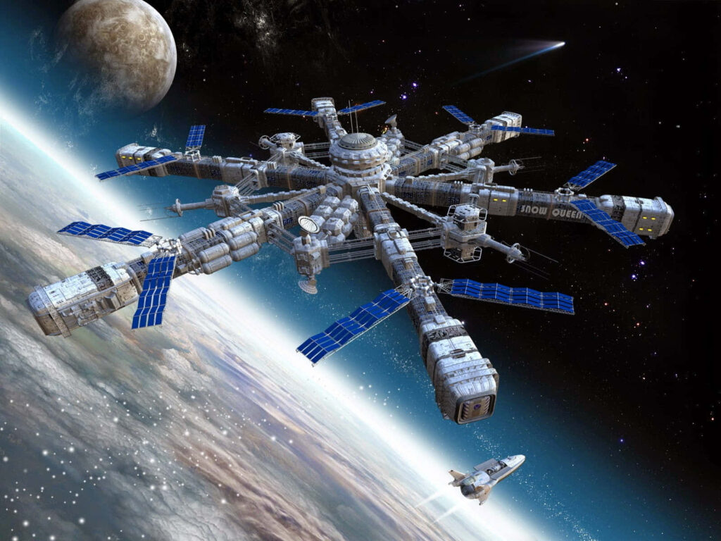 Stunning Futuristic Space Station Wallpaper Orbiting Earth