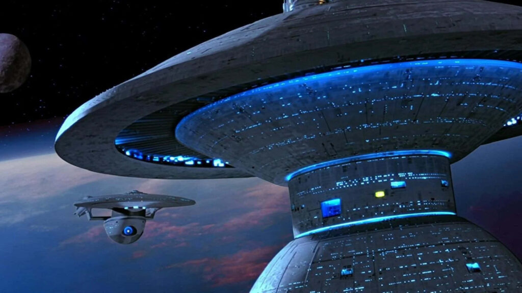 Futuristic Space Wallpaper: Orbiting Station & Glowing Earth