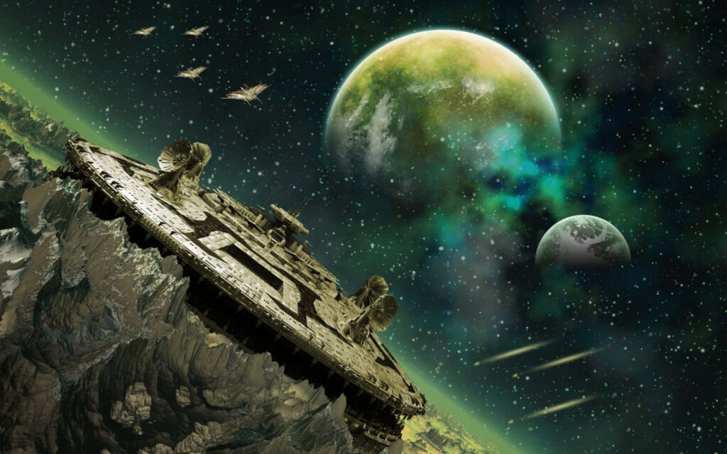 Futuristic Space Station Wallpaper: Vibrant Planet & Starry Galaxy