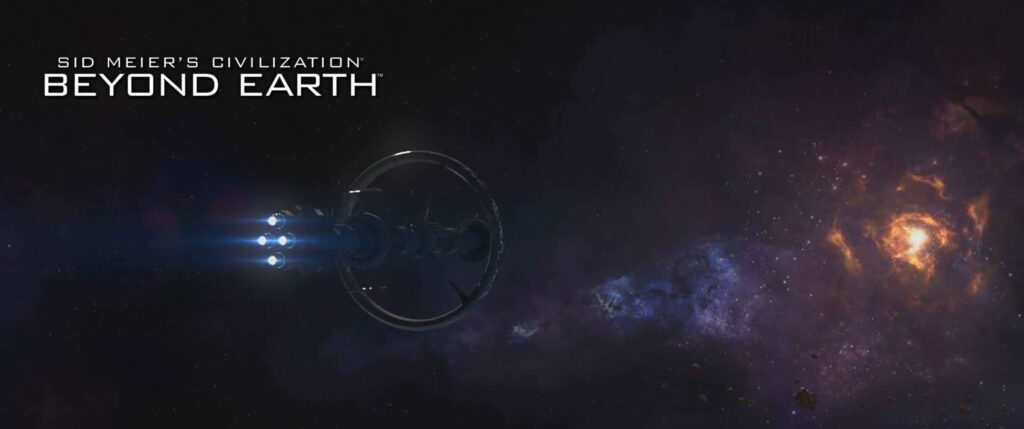 Futuristic spacecraft exploring vast interstellar space in Sid Meiers Civilization Beyond Earth Wallpaper