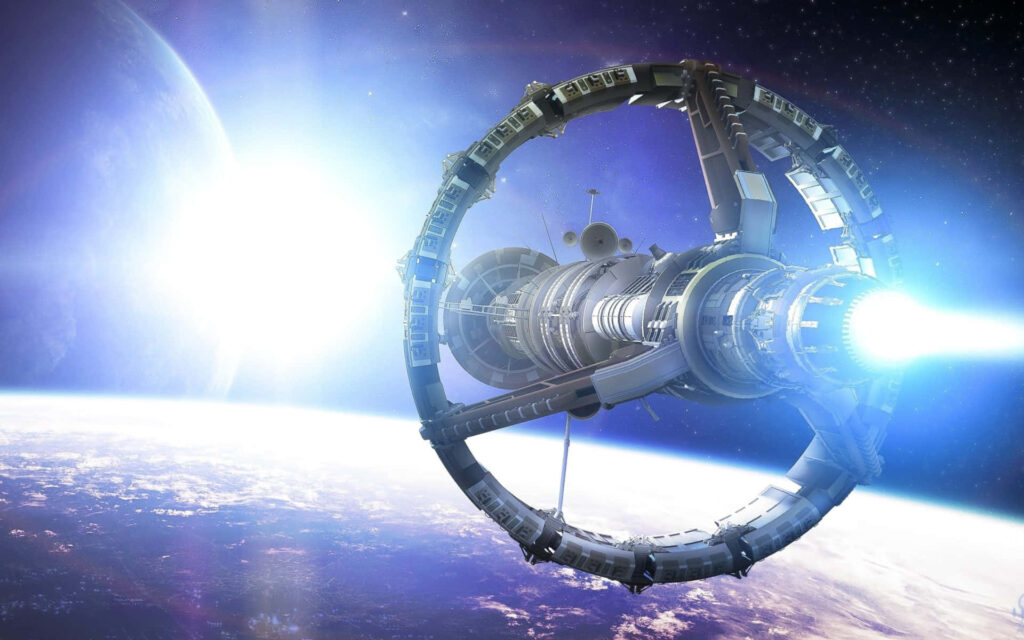 Futuristic spacecraft glowing blue, orbiting Earth amidst stars and radiant celestial body. Wallpaper