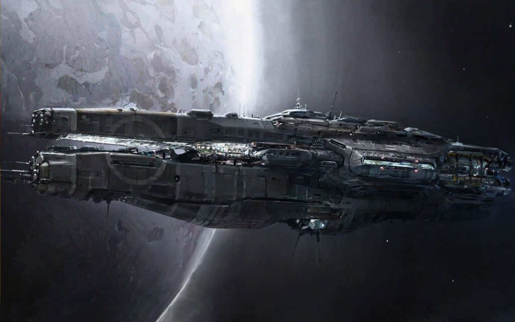 Futuristic Spacecraft Near Distant Planet - Interstellar Exploration Wallpaper