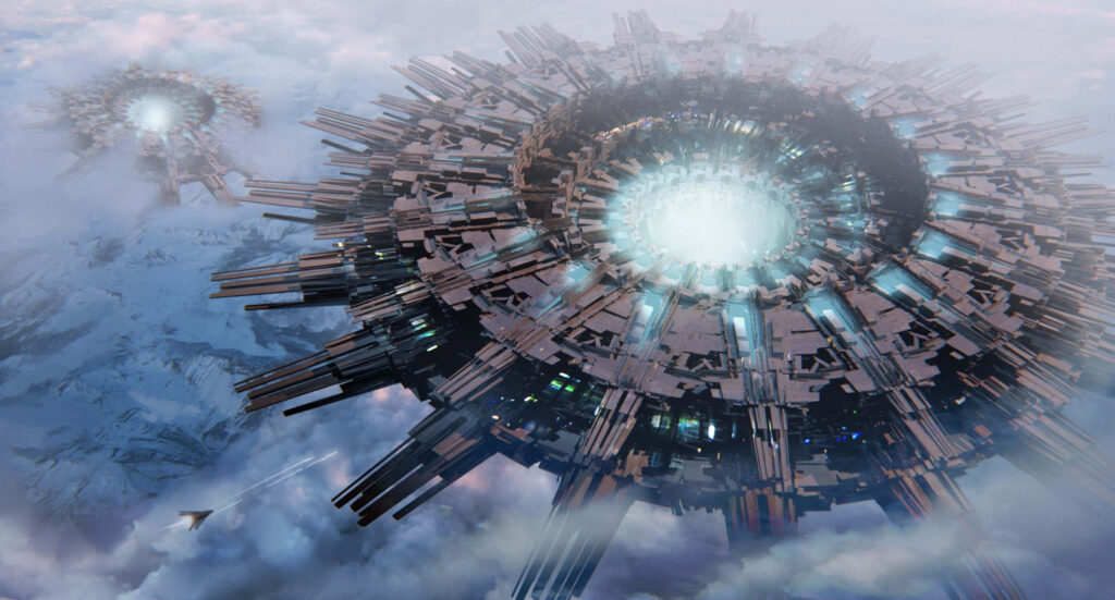 Futuristic Wallpaper: Intricate Spacecraft Hovering Above Clouds