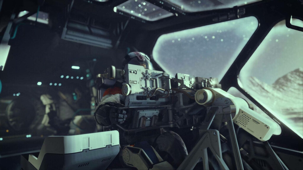 Futuristic spaceship cockpit with pilot exploring star-filled galaxy in Starfield wallpaper background