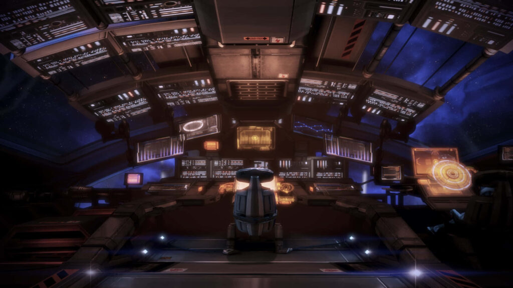 Futuristic spaceship cockpit with holographic displays blue amber tones sci-fi space exploration background Wallpaper