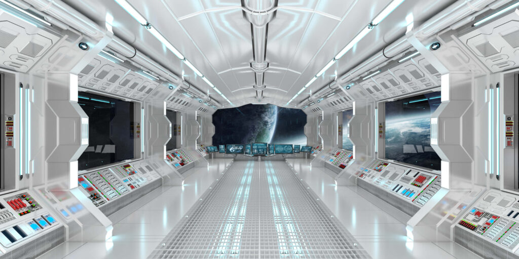 Futuristic Spaceship Interior: High-Tech Design & Outer Space View Wallpaper