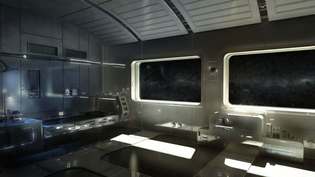 Sleek Spaceship Interior Wallpaper: Stunning Starry View Background