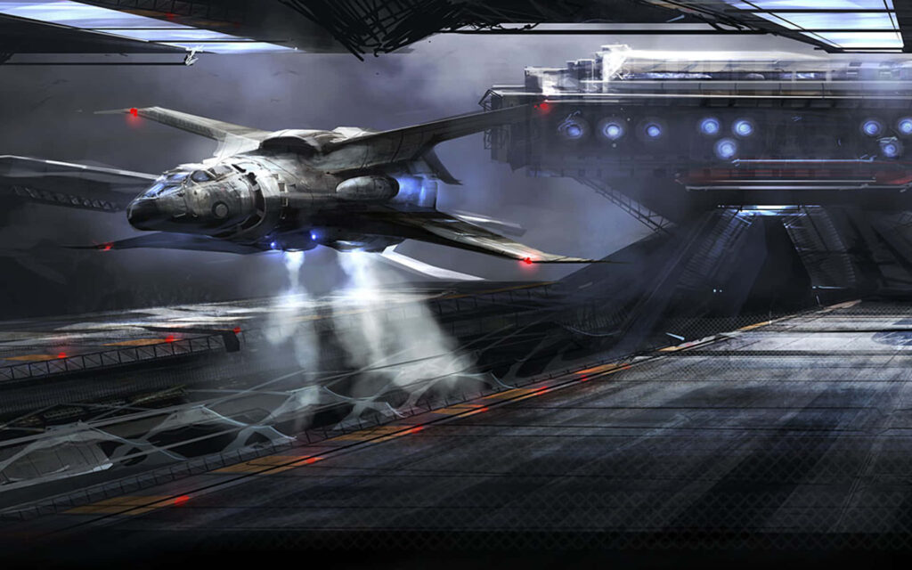 Futuristic Spaceship Launch at High-Tech Space Station Wallpaper