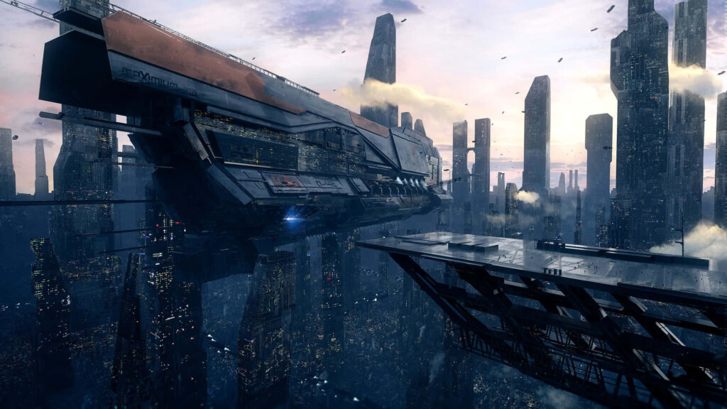 Futuristic Spaceship Over Cityscape: Ethereal Wallpaper Background