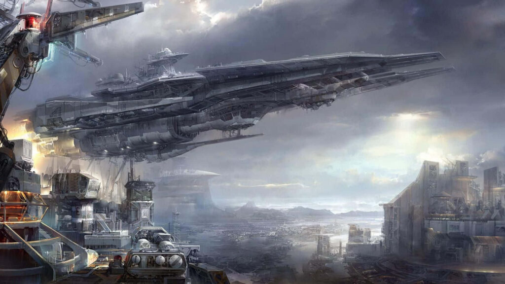 Futuristic Spaceship Over Sci-Fi Cityscape: Galaxy Journey Wallpaper