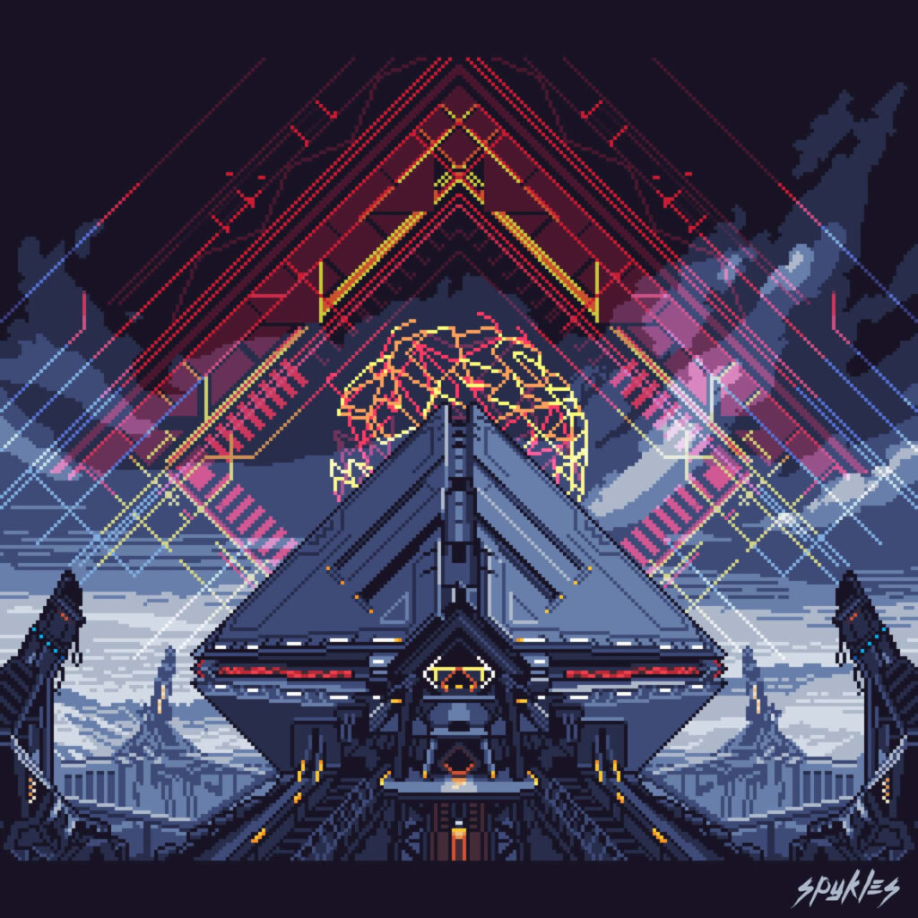Futuristic Spaceship Pixel Art Wallpaper | Cosmic Adventure Background