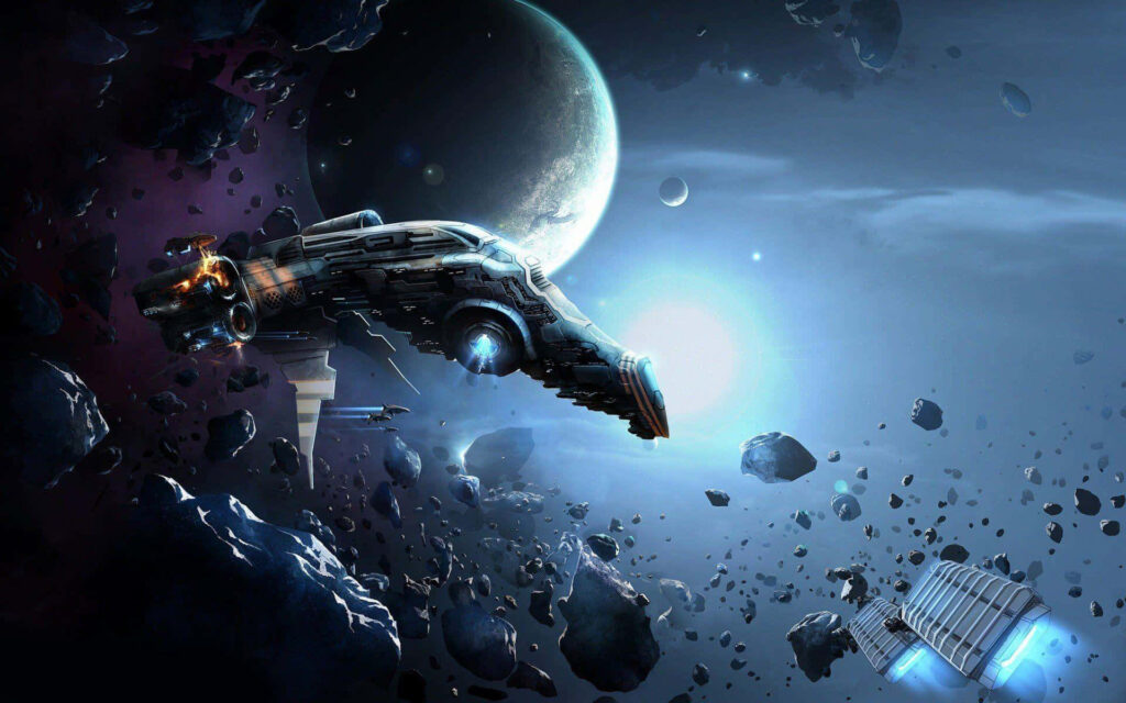 Futuristic Spaceship in Asteroid Field - Stunning Cosmic Wallpaper
