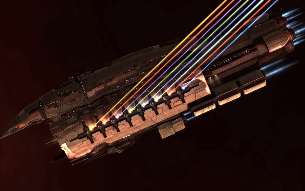 Futuristic Spaceship Wallpaper: Striking Colors on Dark Background