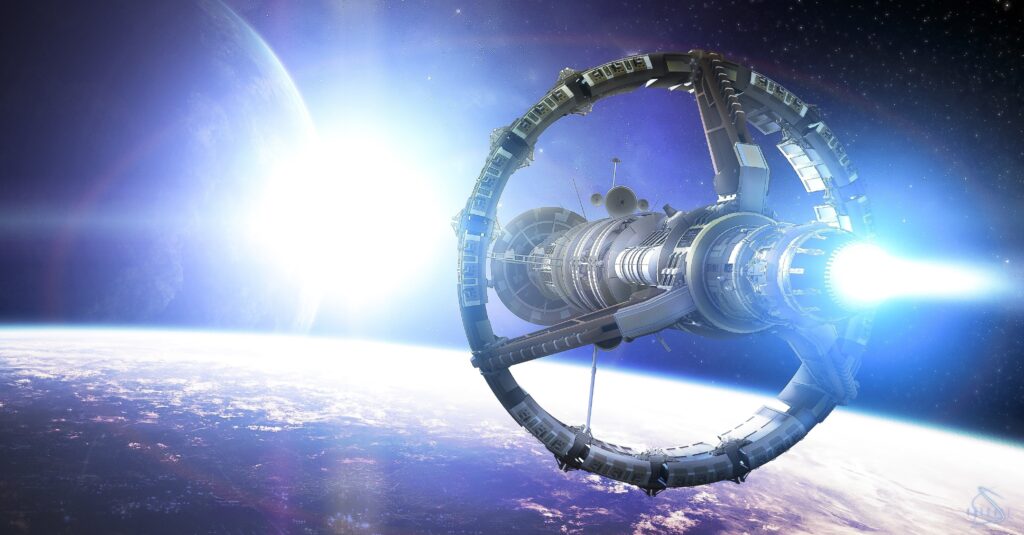 Futuristic Spaceship Wallpaper: Cosmic Scene with Glow & Planet