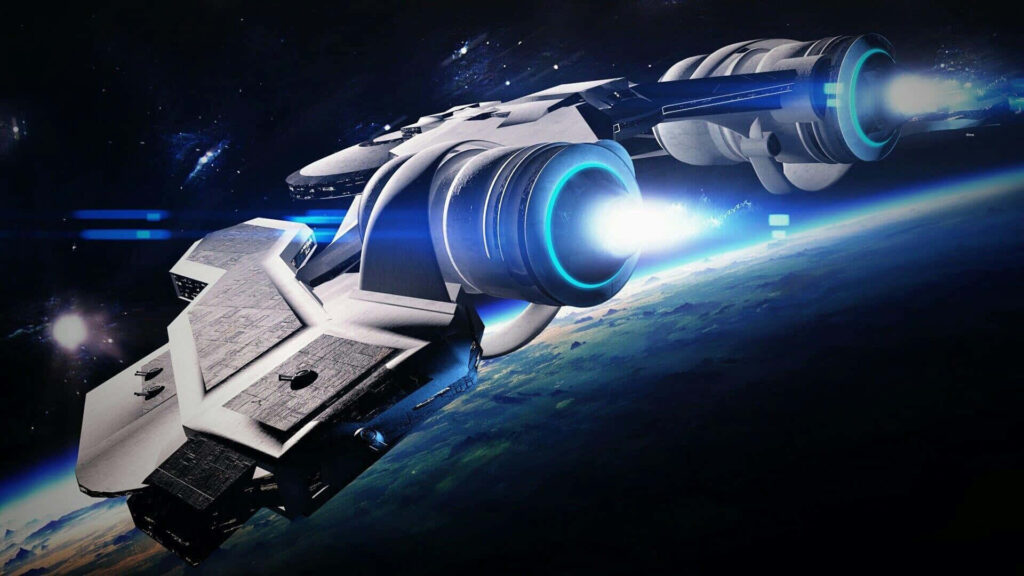 Futuristic Spaceship Soars Above Earth - Epic Space Journey Wallpaper
