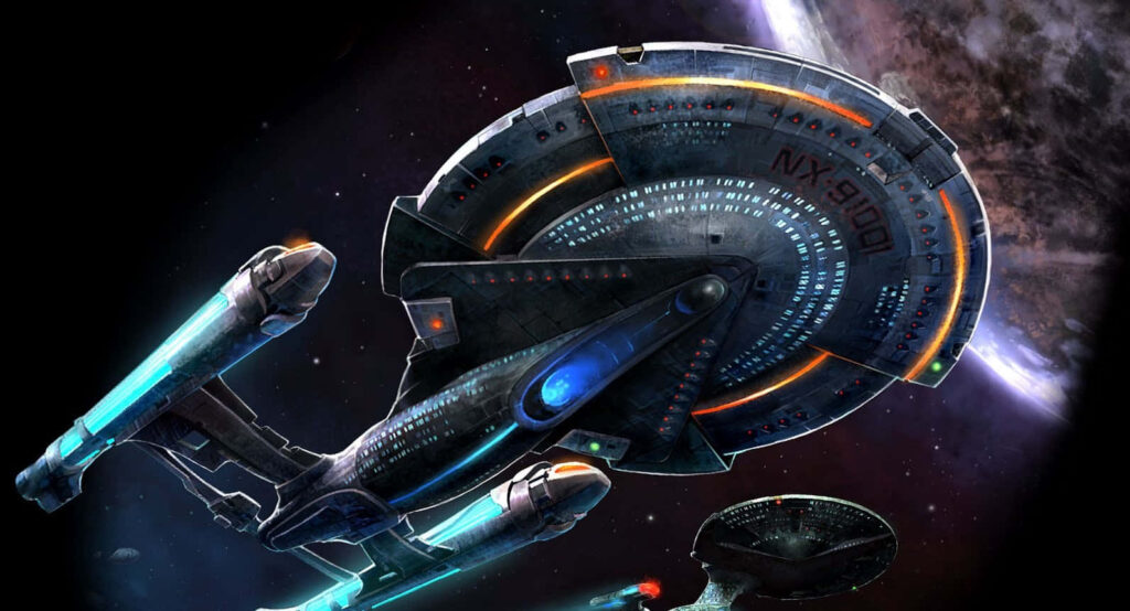 Intricate Futuristic Spaceship Soaring Through Space Wallpaper