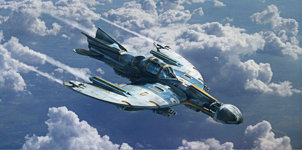 Futuristic Spaceship Wallpaper: Sleek Design in Vibrant Cloud Sky
