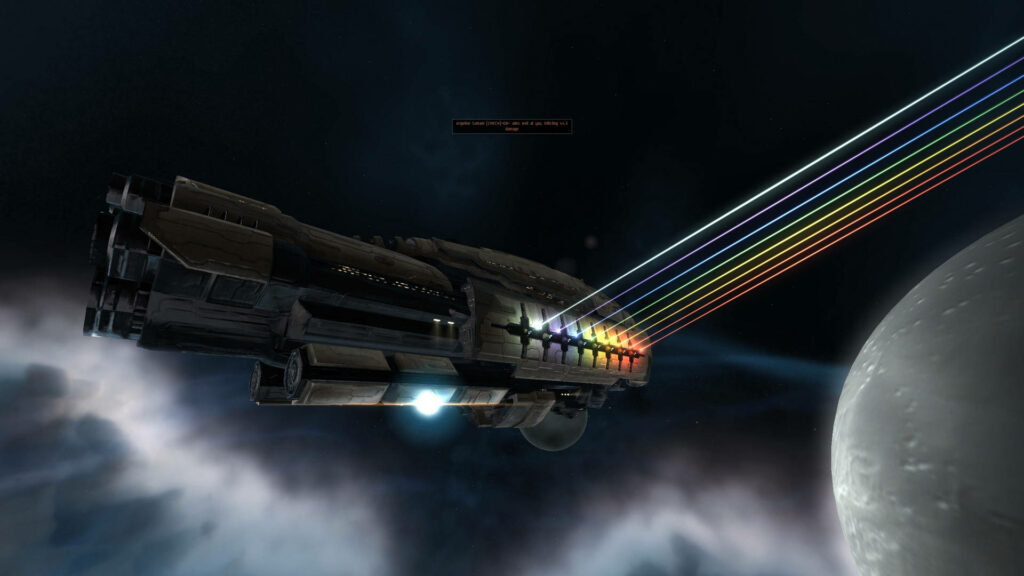 Vibrant Rainbow Spaceship Wallpaper: Futuristic Scene in Dark Space