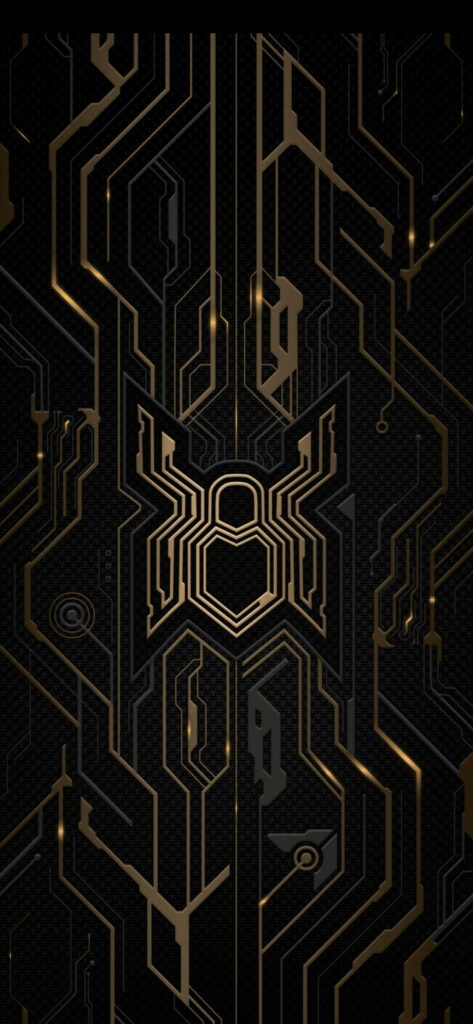 Spiderman emblem with golden circuits on dark textured background futuristic phone wallpaper