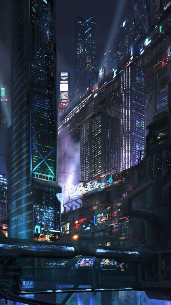 Neo-Vert Cityscape: A Futuristic Cyber Metropolis Illuminated in Vibrant Lights - Background Visual for the Thrilling Cyberpunk 2077 RPG Wallpaper