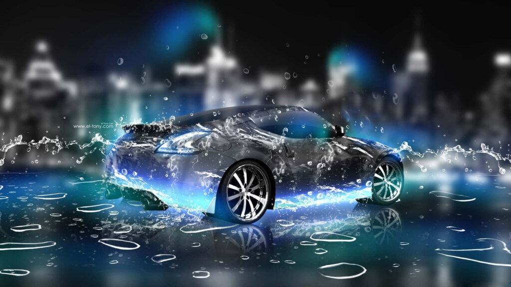 Futuristic sports car silhouette of water and light against glowing cityscape wallpaper background