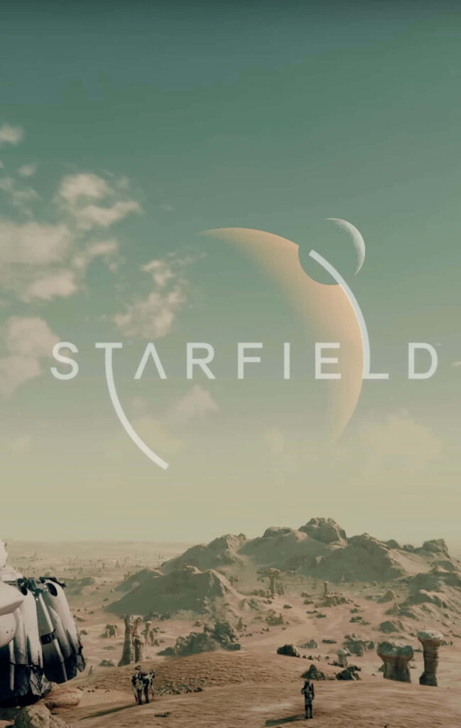 Starfield desert landscape with distant planets and futuristic explorers on alien terrain wallpaper