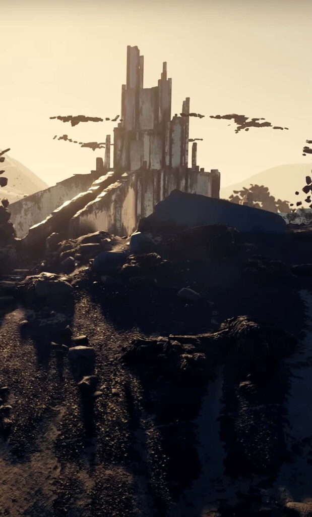 Starfield wallpaper with futuristic structure silhouetted at warm sunset over rugged terrain