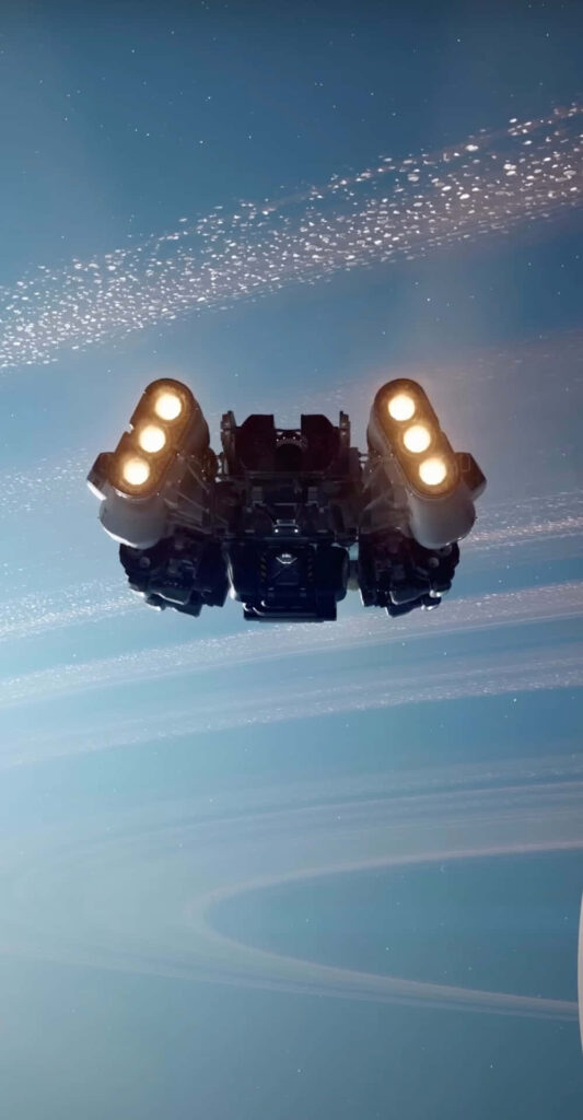 Futuristic starship with glowing thrusters ascending to orbit near blue planet with shimmering rings Wallpaper