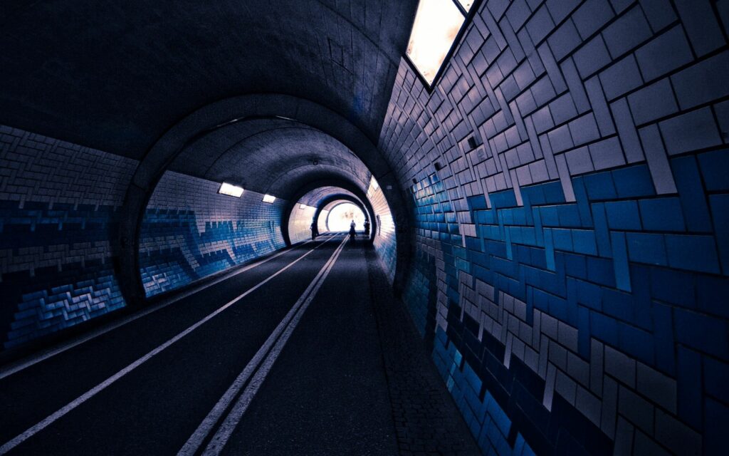 Futuristic Subway Tunnel Wallpaper: Blue Tiled Urban Design
