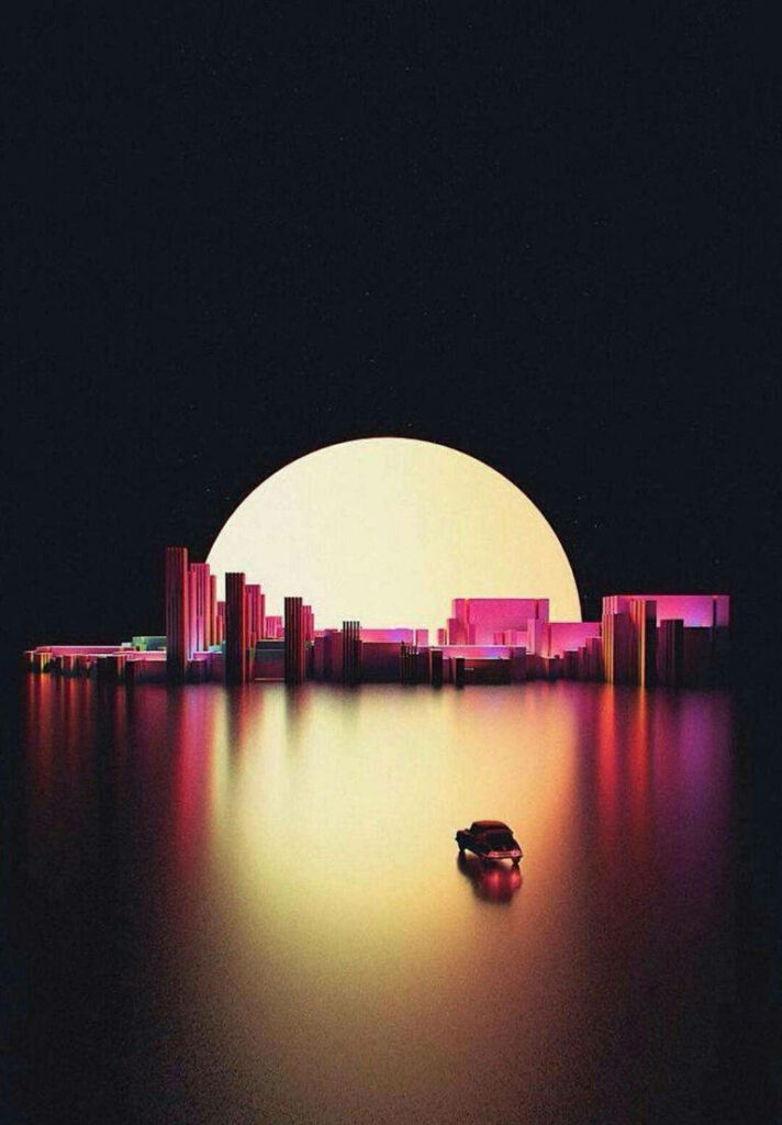 Futuristic Sunset Wallpaper: Neon Cityscape Reflection