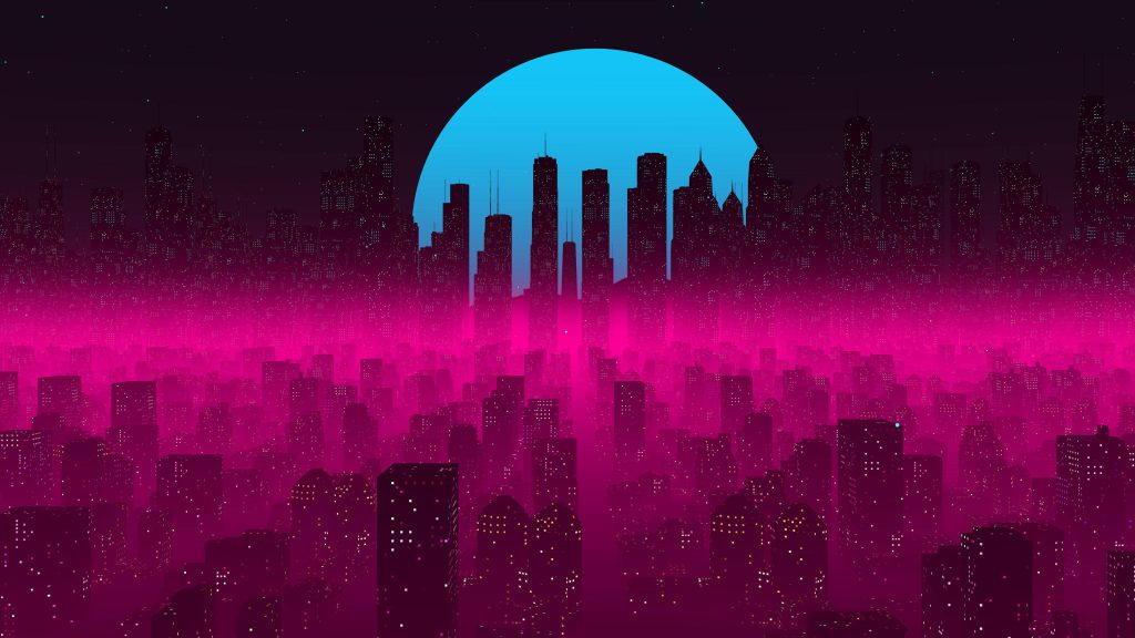 Futuristic 4D Ultra HD synthwave city skyline with cyan sun and pink fog digital art wallpaper
