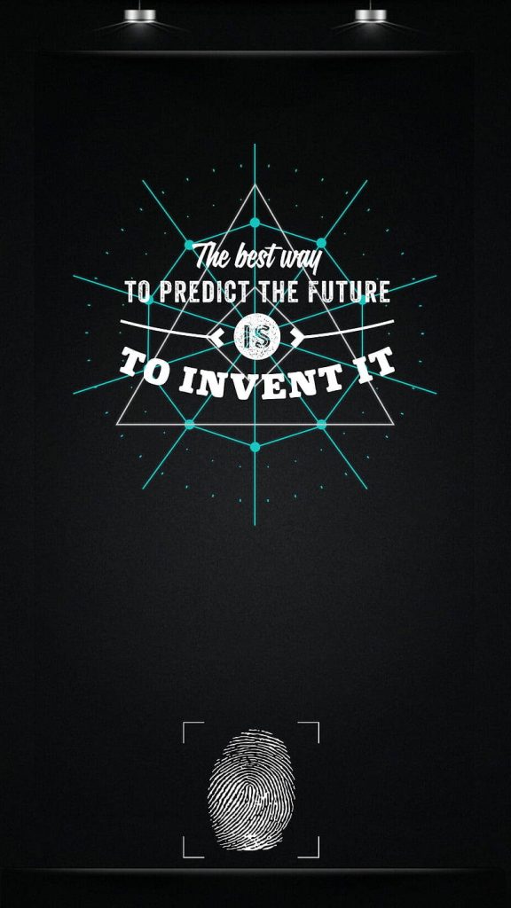 Phone wallpaper with cyan geometric lines and quote The best way to predict the future is to invent it on black background