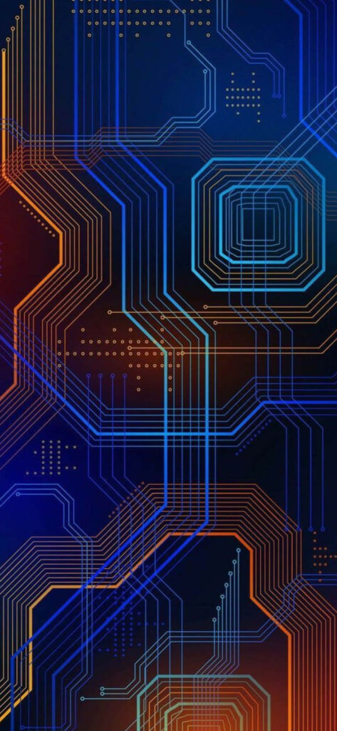 Modern Tech Wallpaper: Futuristic Circuit Board in Blue & Orange